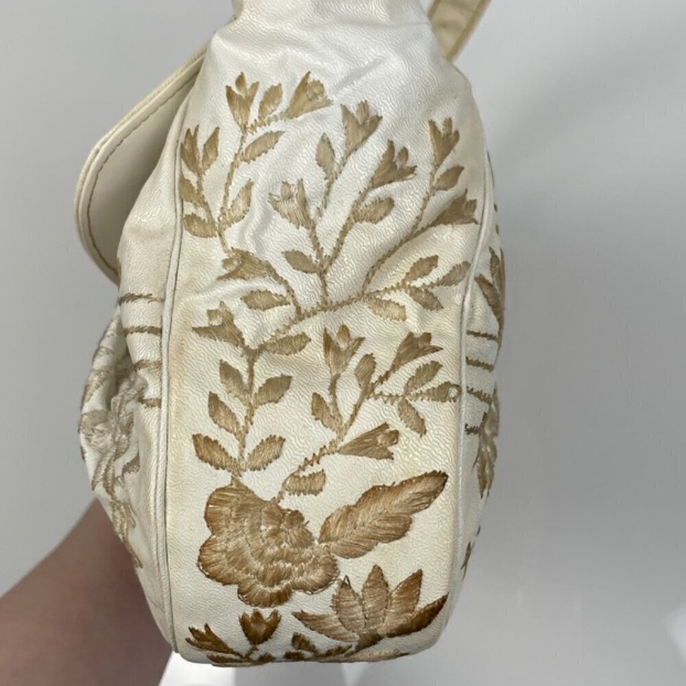 Vintage Cream and Brown Leather Embroidered Floral Purse - Picture 7 of 12